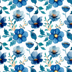 Acrylglasbilder Blau-weiße Muster Blaues Aquarell Blumenmuster Nahtlos  © Asrulaqroni