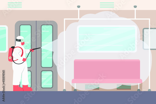 Disinfectant vector concept: Person with protective suit spraying disinfectant to the train