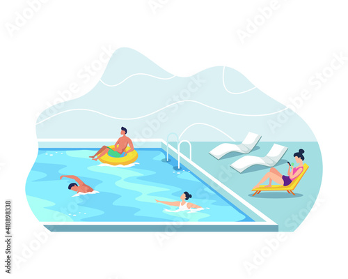 People swimming in public swimming pool. Summer vacation concept, Man and woman wearing swimsuits sunbathing. Young men and women having fun at outdoor swimming pool. Vector illustration in flat style