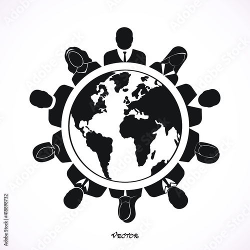  Planet Earth round table meeting, community, communication. Flat, design, vector
