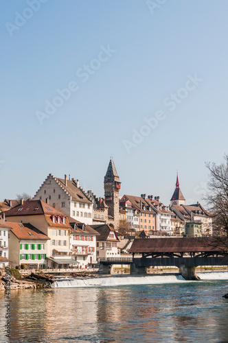 Bremgarten, Altstadt, Reuss, Reussbrücke, Muri-Amthof, Holzbrücke, Altstadthäuser, Spittelturm, Fluss, Aargau, Frühling, Schweiz