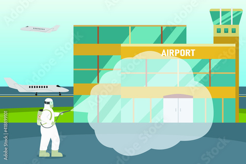 Disinfectant vector concept: Person spraying disinfectant in the airport building while wearing protective suit