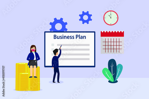 Businesswoman in face mask sitting on the golden coins while his partner making business plan list