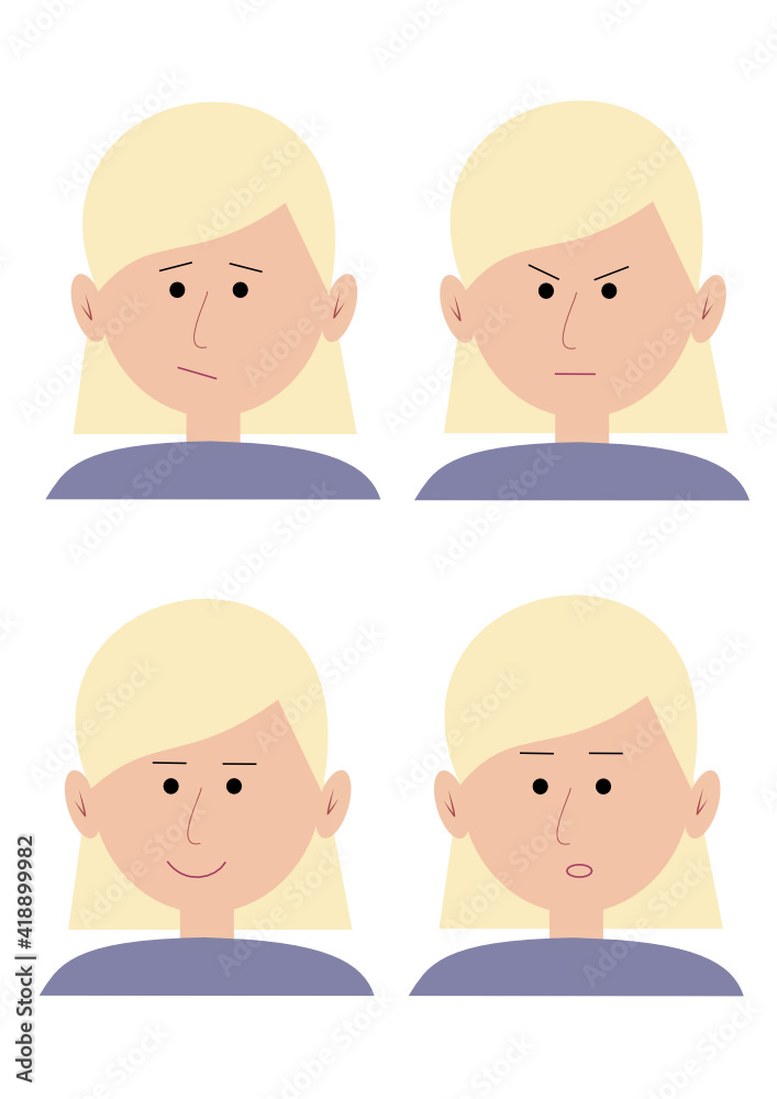 Set of emotions of a blonde girl. Smile, sadness, surprise, anger. Isolated on white background, vector illustration.
Set of emotions of a blonde girl. Smile, sadness, surprise, anger. Isolated on white background, vector illustration.