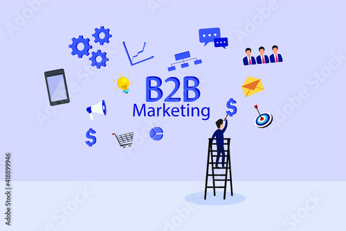 Business vector concept: Young businessman standing with business to business concept while painting dollar on the wall