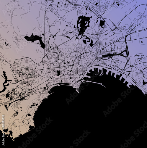 Naples - Napoli, Campania, Italy (ITA) - Urban vector city map with parks, rail and roads, highways, minimalist town plan design poster, city center, downtown, transit network, gradient blueprint