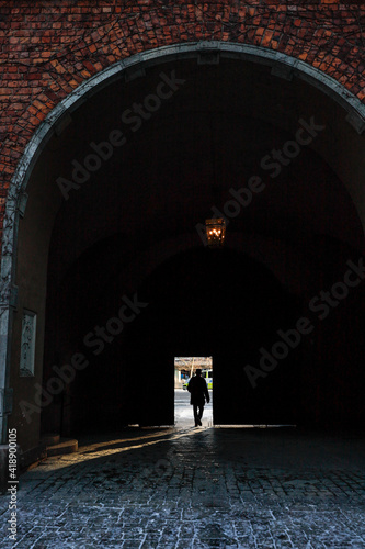 Stockholm, Sweden Pedestrians framed by the main entrance to  the City Hall, or Stadshuset. photo