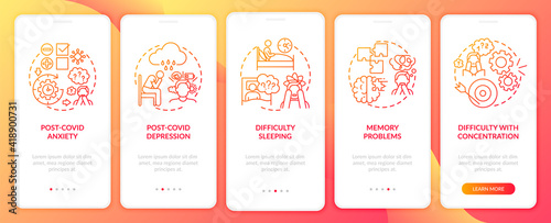 Post-covid syndrome and mental health onboarding mobile app page screen with concepts. Difficulty sleeping walkthrough 5 steps graphic instructions. UI vector template with RGB color illustrations