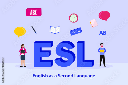 English teaching vector concept: Young people learning english as a second language while wearing face mask in new normal 