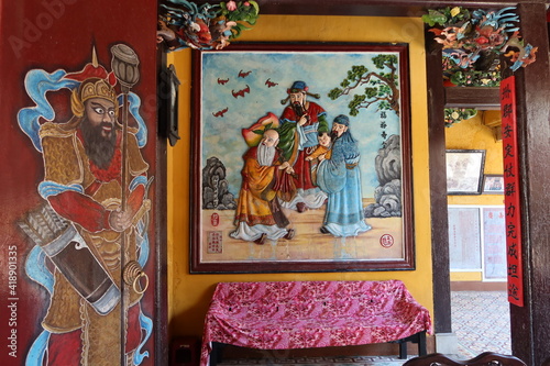 Hoi An, Vietnam, March 8, 2021: Colorful decoration in a Taoist Temple in Hoi An, Vietnam