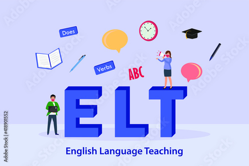 English teaching vector concept: Female teacher standing on the english language teaching word while speaking with megaphone 