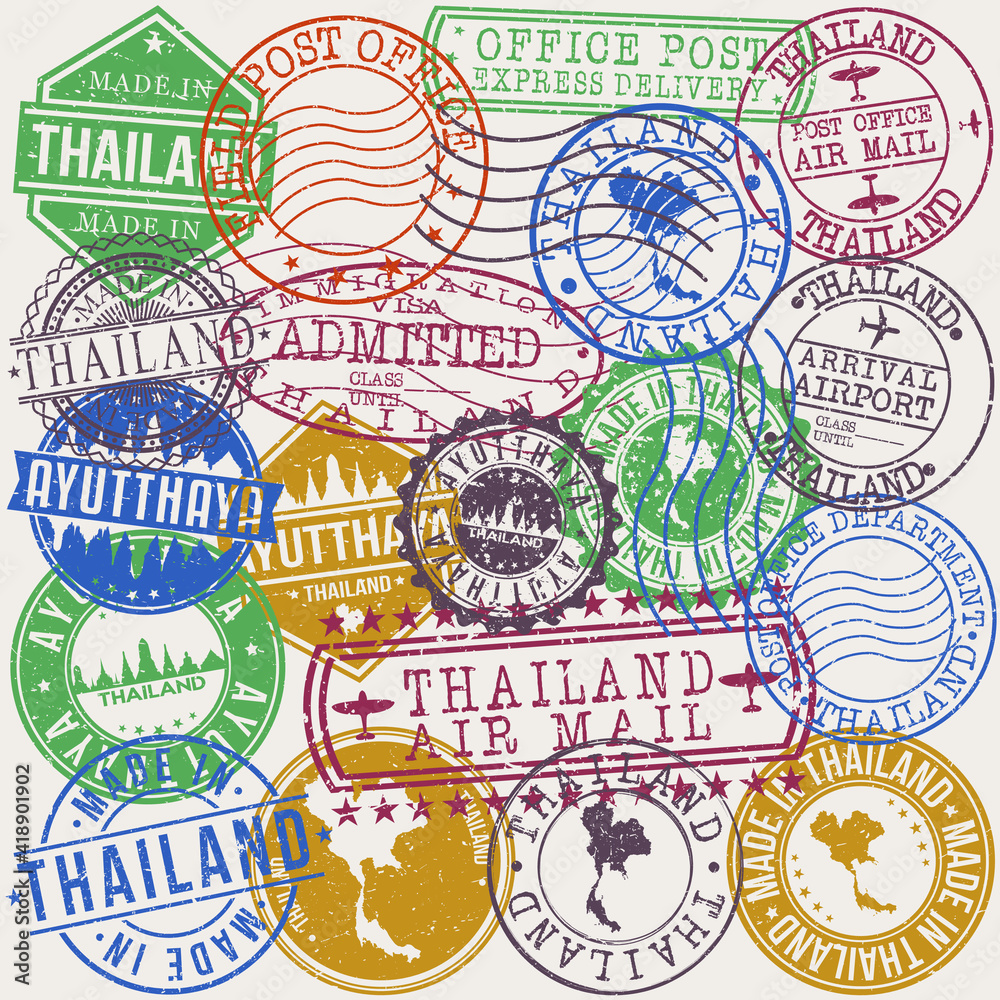 Ayutthaya Thailand Set of Stamps. Travel Stamp. Made In Product. Design Seals Old Style Insignia.