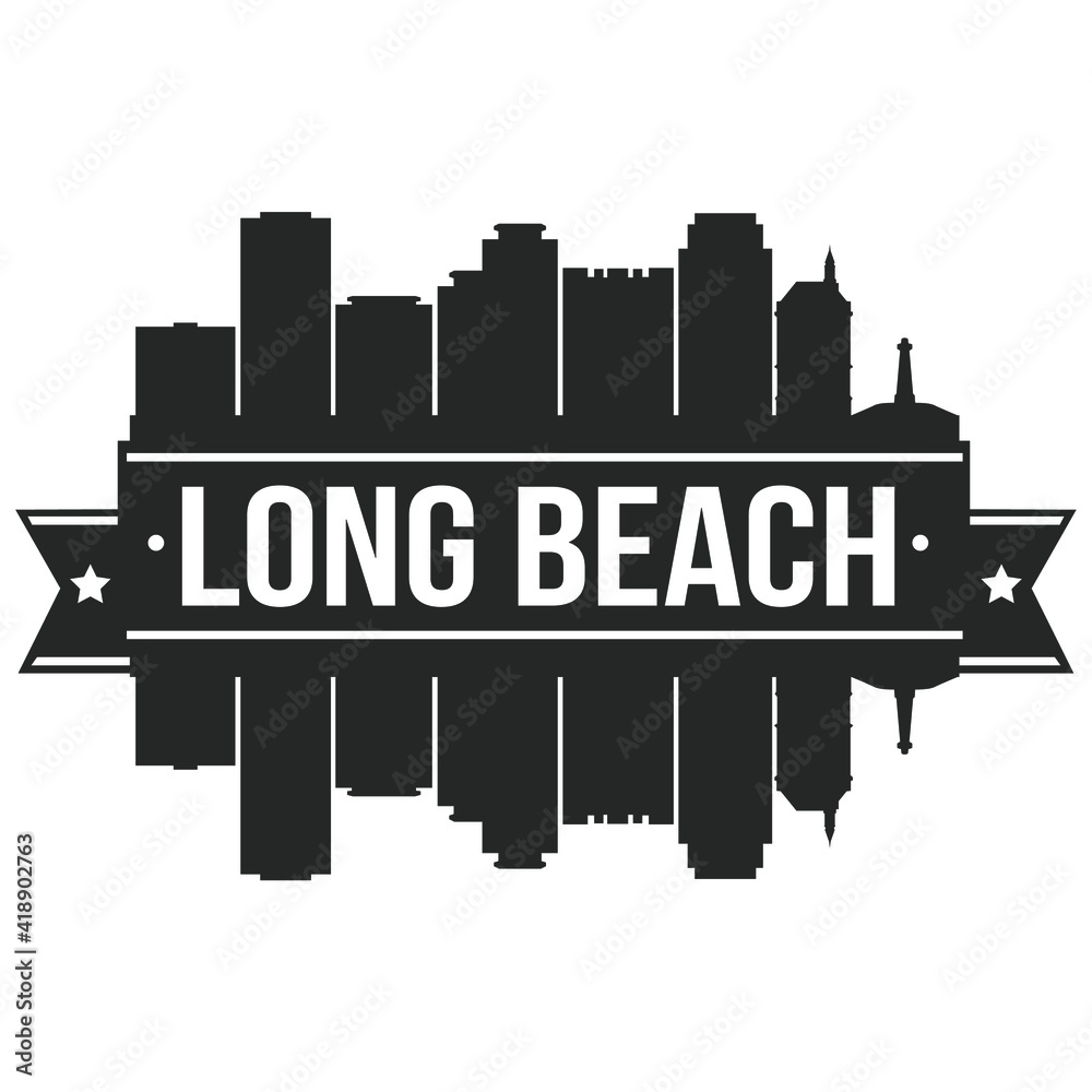 Long Beach California USA Skyline Silhouette Design City Vector Art Famous Buildings Stamp Stencil.