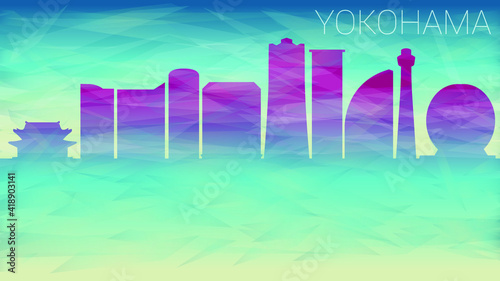 Yokohama Japan Skyline City. Broken Glass Abstract Geometric Dynamic Textured. Banner Background. Colorful Shape Composition.