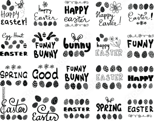 Vector illustration of EASTER isolated spring lettering with abstract elements and eggs. Calligraphy quote on white background. Handwritten typography design. 