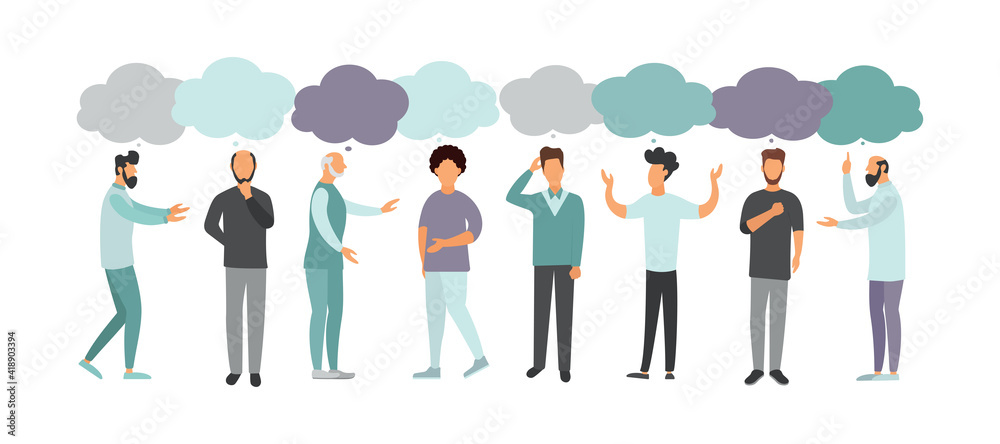 Vector illustration, flat style, people talk. People with thoughts on a white background.