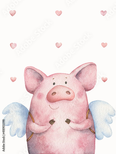Watercolor pig with wings poster