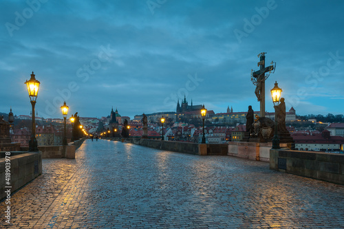 View from the Charles bridge in Prague over the Vlatva river at night