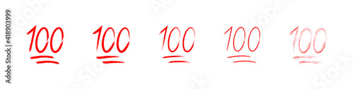 100 score. 100 percent. Emoji of one hundred. Icon of score points. emoticon of perfect number. Social badge, sign and sticker. Red text for discount, product and sale. Handwritten clipart. Vector