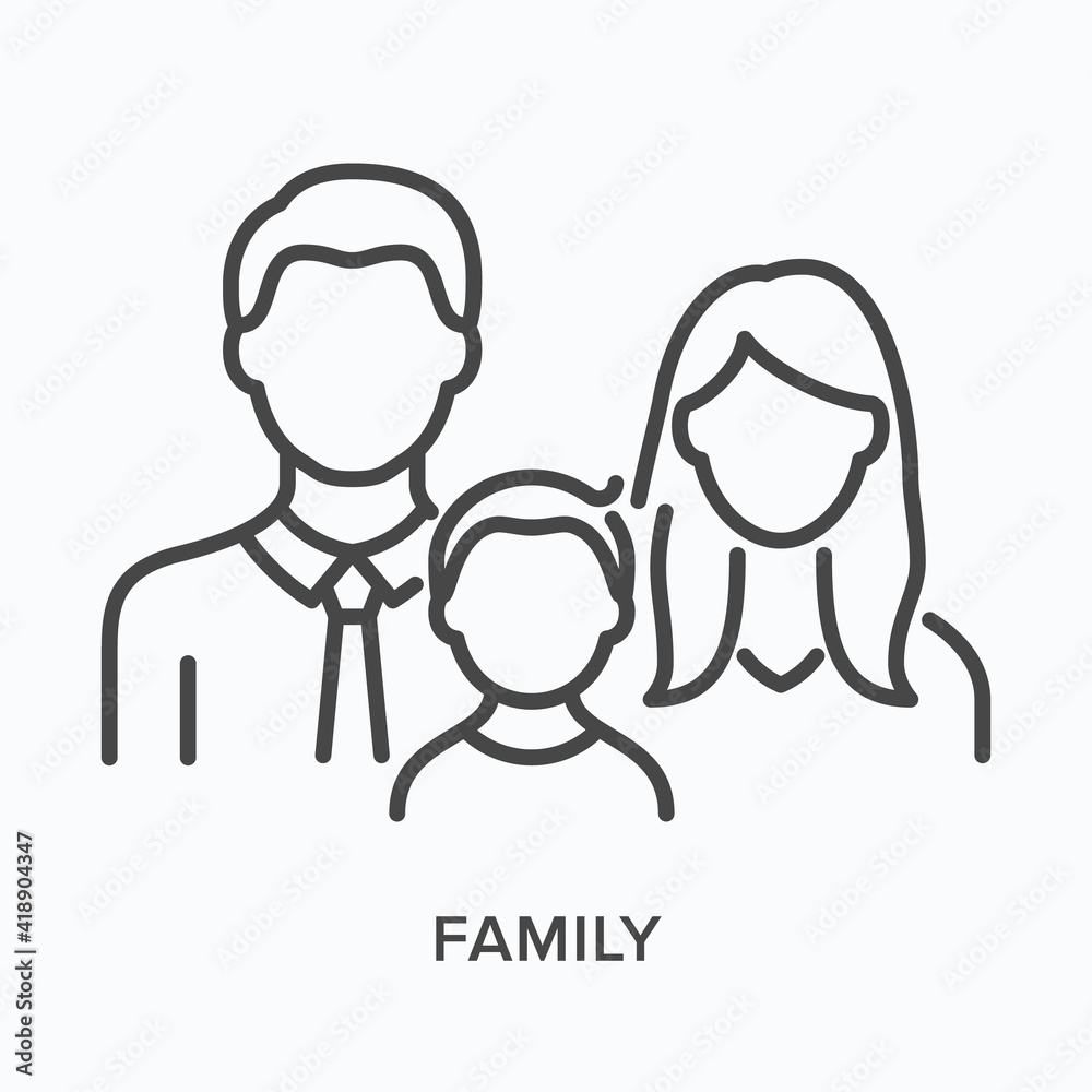 Family flat line icon. Vector outline illustration of male, female and child. Black thin linear pictogram for father, mother and son Family flat line icon. Vector outline illustration of male, female and child. Black thin linear pictogram for father, mother and son