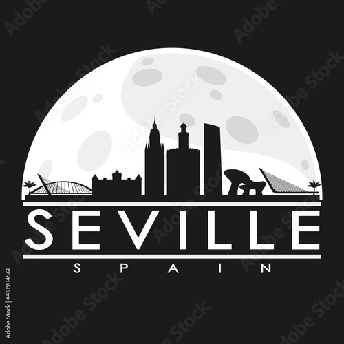 Seville Spain Full Moon Night Skyline Silhouette Design City Vector Art Illustration Background.
