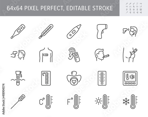 Thermometer line icons. Vector illustration include icon - infrared pyrometer, fahrenheit, contactless, thermostat outline pictogram for temperature measurment. 64x64 Pixel Perfect, Editable Stroke