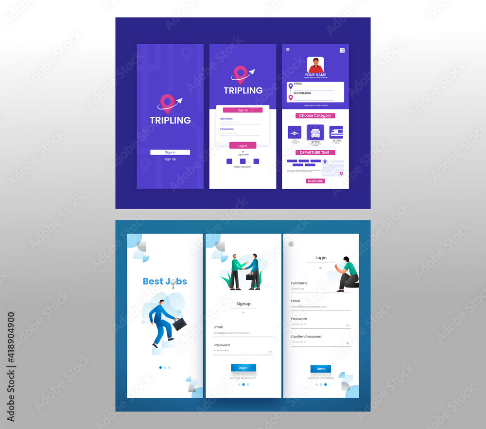 Set Of UI, UX, GUI Screens Best Job Recruitment And Tripling App Including Create Account, Sign In, Sign Up.
