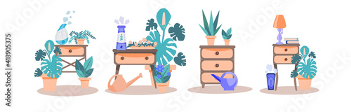 set of vector illustrations of a room with a humidifier in a flat style. collection of Humidifiers stands on the nightstand, surrounded by indoor plants. The concept of a healthy climate in the house.