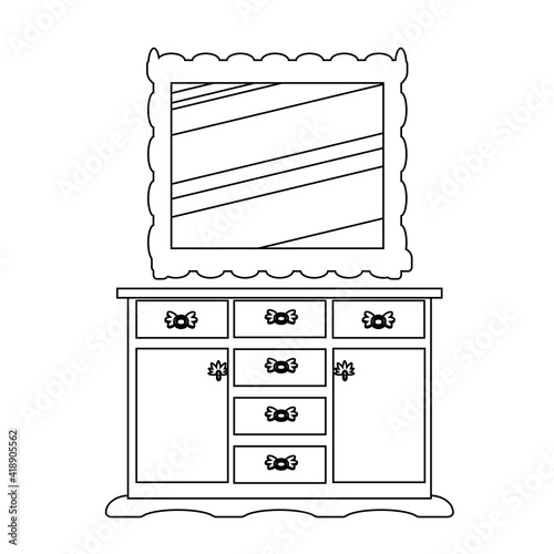 Single antique dressing table in a linear style. Vector Outline of vintage furniture for bedroom and living room.  The vector illustration is isolated on a white background.