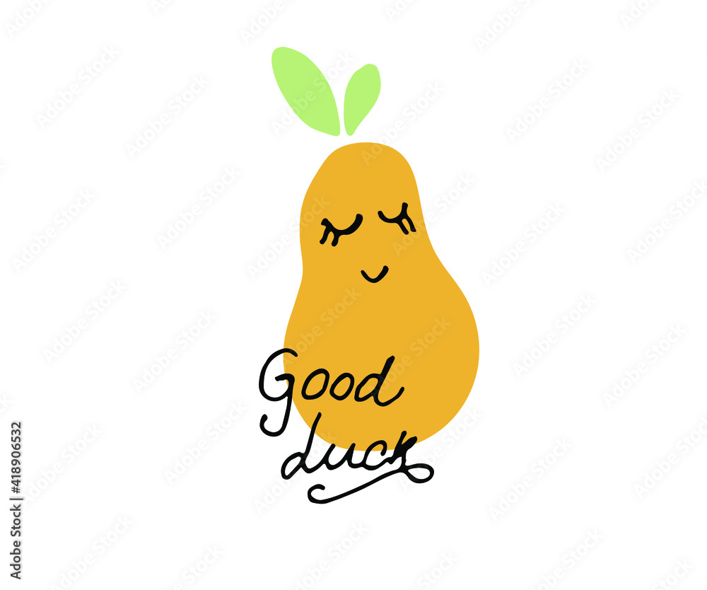 Fototapeta premium good luck text, hand drawn calligraphy. Pear illustration, cute baby design, baby shower or greeting card template.