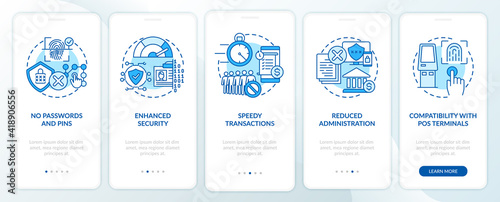 Biometric payment benefits onboarding mobile app page screen with concepts. Identify user and authorize walkthrough 5 steps graphic instructions. UI vector template with RGB color illustrations