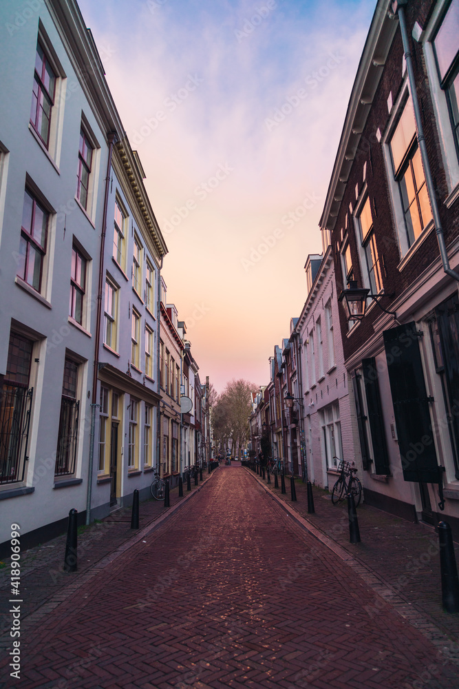Beautiful sunset in an old street in Utrecht Netherlands