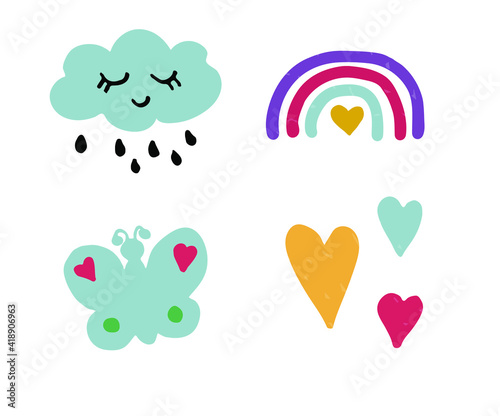 Vector cute girls illustration set. Hand drawn nursery décor. Design for baby shower, kids and baby clothes print, poster for nursery room, greeting card.