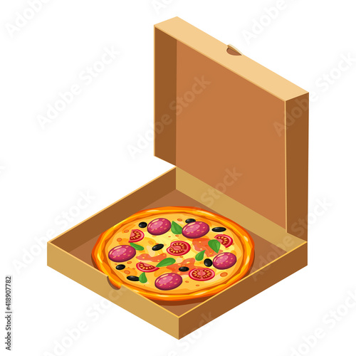 Pizza isometric in open cardboard box. Package template, delivery, flat design. Vector isolated illustration