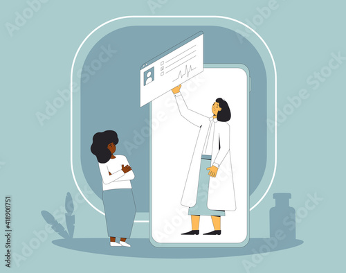 Online medical consultation. Telemedicine. Doctor distant advise. Health care by internet. Healthcare services.