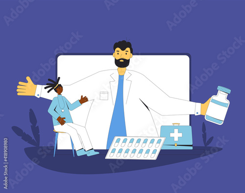 Online medical consultation. Telemedicine. Doctor distant advise. Health care by internet. Healthcare services.