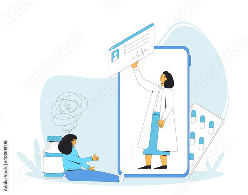 Online psychologists consultation. Telemedicine. Doctor distant advise. Mental specialist talk to her client by internet. Healthcare services.