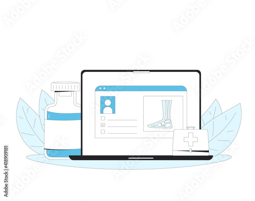 Online orthopedics medical consultation. Traumatologist with feet toe traumapatient. Telemedicine. Doctor distant advise. Health care by internet. Healthcare podiatrist services.