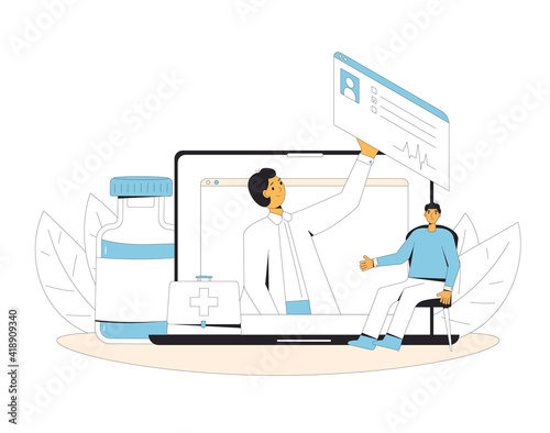 Online medical consultation. Telemedicine. Doctor distant advise. Health care by internet. Healthcare services.
