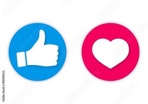 Set of vector icons, thumb up and heart icon. Round button, I like it for chat website, social media, mobile app. Approval, evaluation, expression of opinion.
