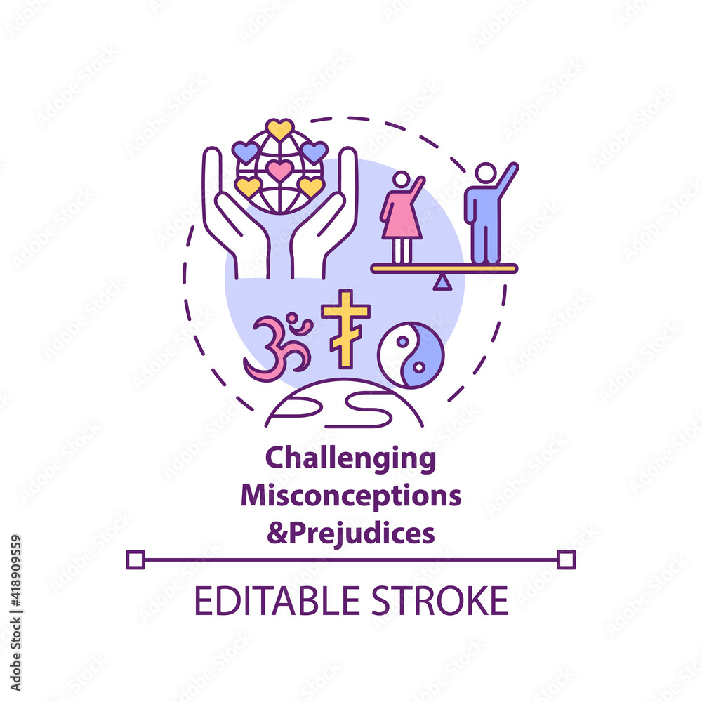 Challenging misconceptions and prejudices concept icon. Men and women equality. Religious issues idea thin line illustration. Vector isolated outline RGB color drawing. Editable stroke