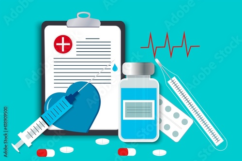 First aid vector image. A set with medicines and means for the provision of medical care. Health diagnostics. First aid kit, syringe, pills, thermometer, bottle with solution, doctor's opinion.
