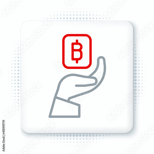 Line Hand holding Bitcoin icon isolated on white background. Blockchain technology, digital money market, cryptocoin wallet. Colorful outline concept. Vector.