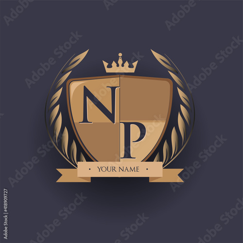 initial letter NP logotype colored brown and gold isolated with shield, crown and laurel design, logo for college and sport club.