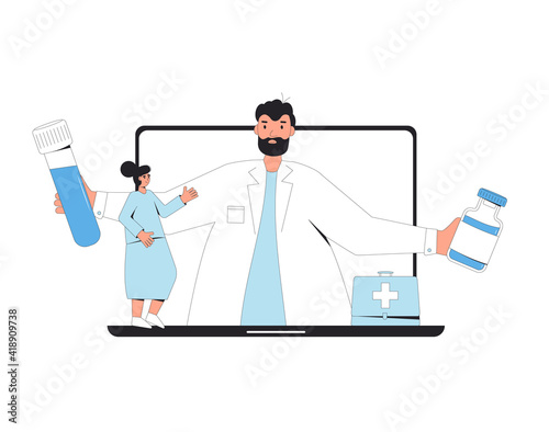 Online medical consultation. Telemedicine. Doctor distant advise. Health care by internet. Healthcare services.