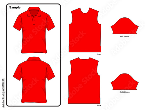 Red Polo Shirt With Front, Back And Sleeves Patterns Vector.