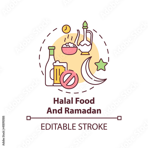 Halal food and ramadan concept icon. Muslim culture. Alcohol restriction. Religious traditions idea thin line illustration. Vector isolated outline RGB color drawing. Editable stroke
