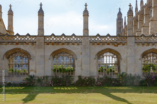 Rose bushes along the ancient gothic King's College Porters' Lodge, chapel walls