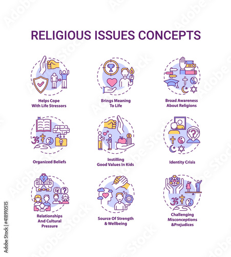 Religious issues and values concept icons set. Help cope with life stress. Identity crisis. Religion and faith idea thin line RGB color illustrations. Vector isolated outline drawings. Editable stroke