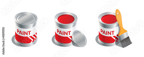 Isometric vector illustration open and closed paint buckets and brush isolated on white background. Realistic paint cans and brush icon in flat cartoon style. Tin bucket with red paint for renovation.